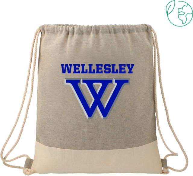 Wellesley Split Recycled Cotton Grey/Natural Drawstring Bag Wellesley Primary Athletic Mark - ONLINE ONLY