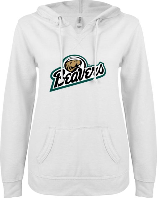 Bemidji State ENZA Womens V Notch Raw Edge Fleece Hoodie BSU Beavers Script - ONLINE ONLY