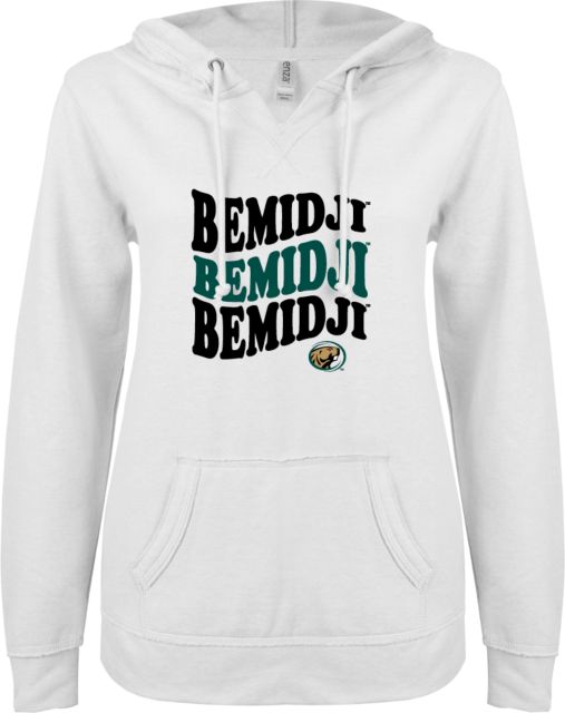 Bemidji State ENZA Womens V Notch Raw Edge Fleece Hoodie Bemidji Repeating - ONLINE ONLY