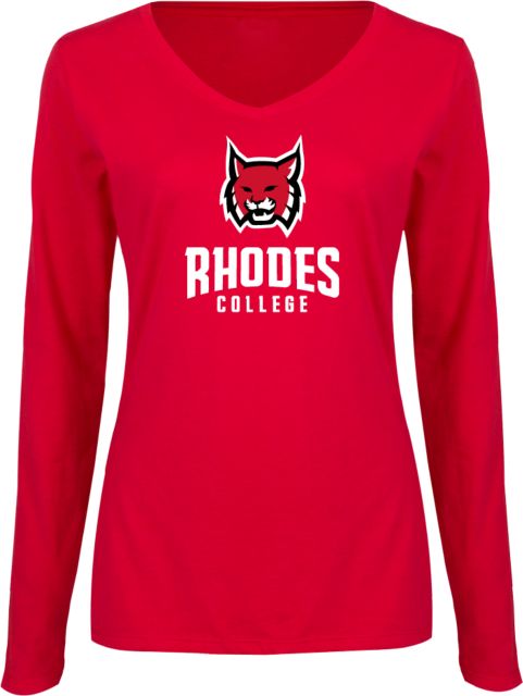 Rhodes Womens Red Long Sleeve V Neck Tee  Lynx Head - ONLINE ONLY