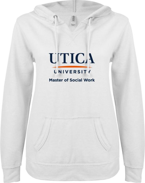 Utica ENZA Womens V Notch Raw Edge Fleece Hoodie Utica Master of Social Work - ONLINE ONLY