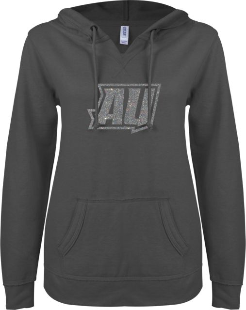 Averett ENZA Womens V Notch Raw Edge Fleece Hoodie Primary Mark Soft Glitter - ONLINE ONLY