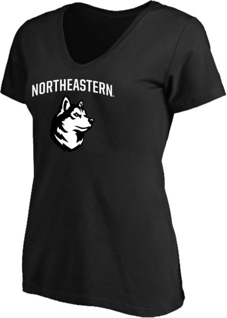 Northeastern Womens Plus V Neck T Shirt NU Athletic Wordmark King Husky Lock Up - PLUS - ONLINE ONLY