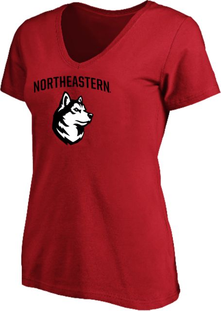 Northeastern Womens Plus V Neck T Shirt NU Athletic Wordmark King Husky Lock Up - PLUS - ONLINE ONLY