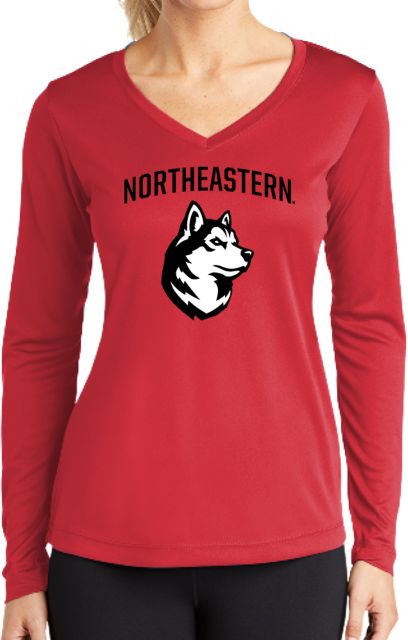 Northeastern Womens Performance Long Sleeve V Neck Shirt NU Athletic Wordmark King Husky Lock Up - ONLINE ONLY