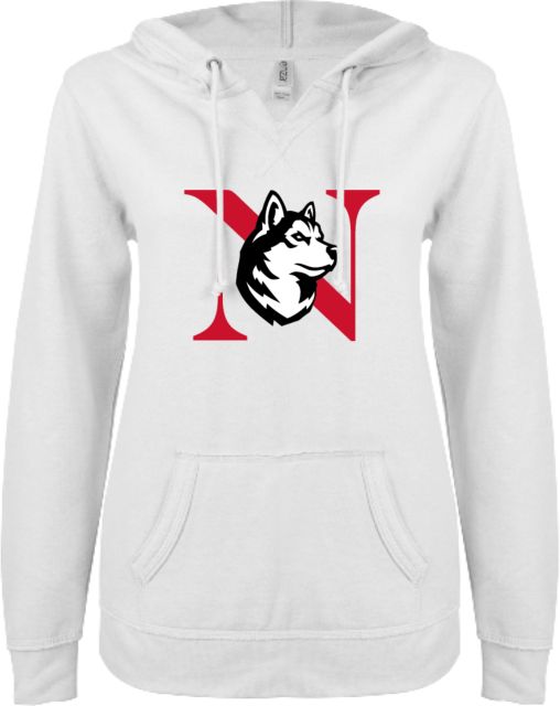 Northeastern ENZA Womens V Notch Raw Edge Fleece Hoodie Northeastern Monogram King Husky Lock Up - ONLINE ONLY