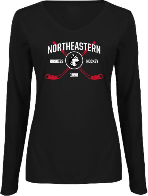 Northeastern Womens Long Sleeve V Neck Tee  Northeastern Hockey Crossed Sticks - ONLINE ONLY