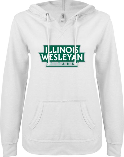 Illinois Wesleyan ENZA Ladies V Notch Raw Edge Fleece Hoodie Wordmark Banner - ONLINE ONLY