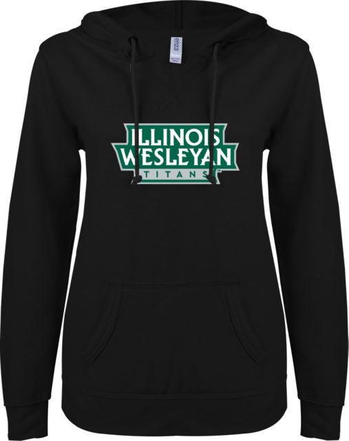 Illinois Wesleyan ENZA Ladies V Notch Raw Edge Fleece Hoodie Wordmark Banner - ONLINE ONLY