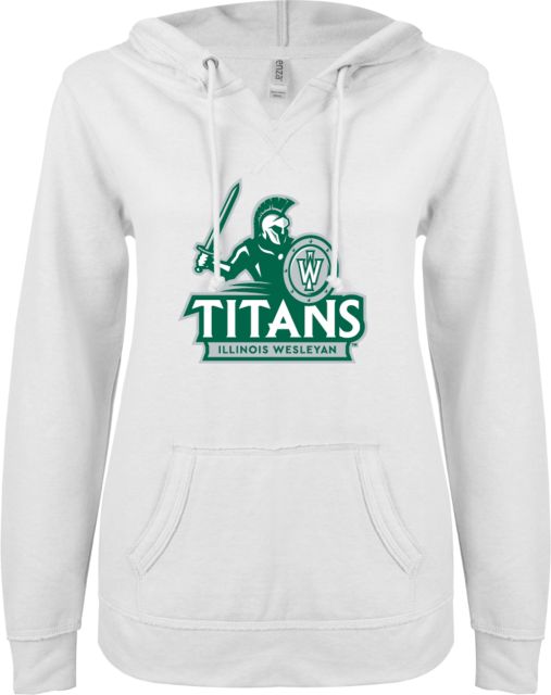 Illinois Wesleyan ENZA Ladies V Notch Raw Edge Fleece Hoodie Word Icon Combo Mark - ONLINE ONLY