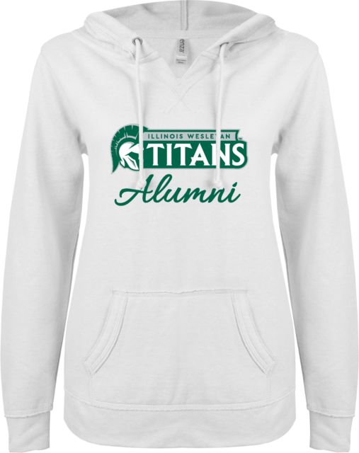 Illinois Wesleyan ENZA Ladies V Notch Raw Edge Fleece Hoodie Aumni Script - ONLINE ONLY