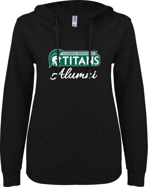 Illinois Wesleyan ENZA Ladies V Notch Raw Edge Fleece Hoodie Aumni Script - ONLINE ONLY