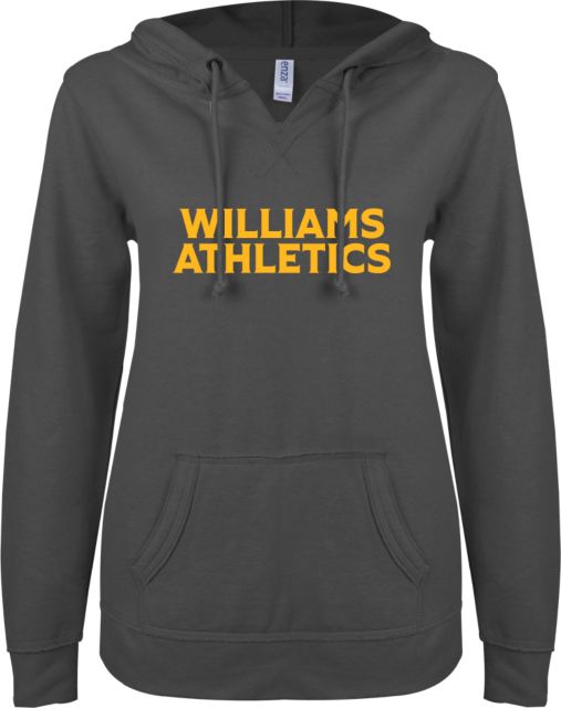 Williams College ENZA Womens V Notch Raw Edge Fleece Hoodie Athletics Wordmark - ONLINE ONLY