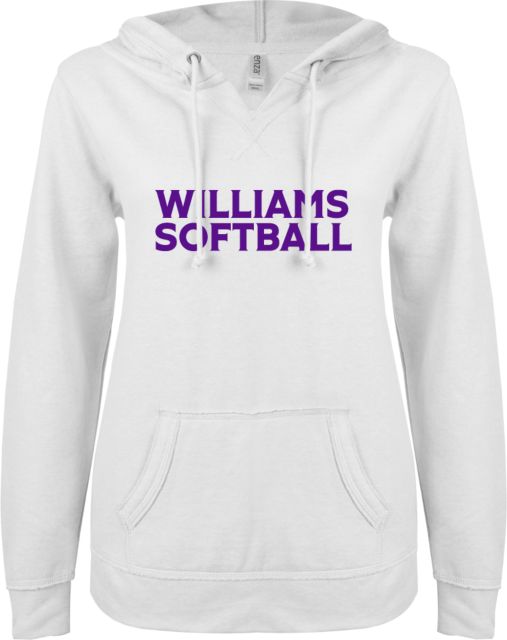 Williams College ENZA Womens V Notch Raw Edge Fleece Hoodie Williams Softball - ONLINE ONLY