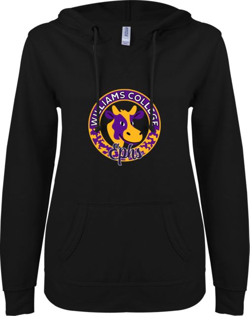 Williams College ENZA Womens V Notch Raw Edge Fleece Hoodie Ephs Cow Pattern Circle - ONLINE ONLY