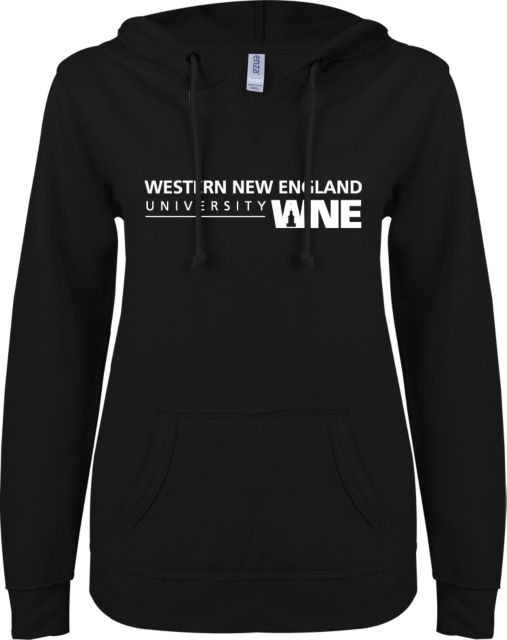 Western New England ENZA Ladies V Notch Raw Edge Fleece Hoodie Primary Wordmark Stacked - ONLINE ONLY