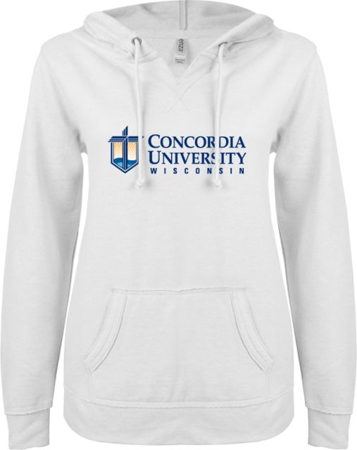 Concordia WI ENZA Ladies V Notch Raw Edge Fleece Hoodie CUW Mark Stacked Flush Left - ONLINE ONLY