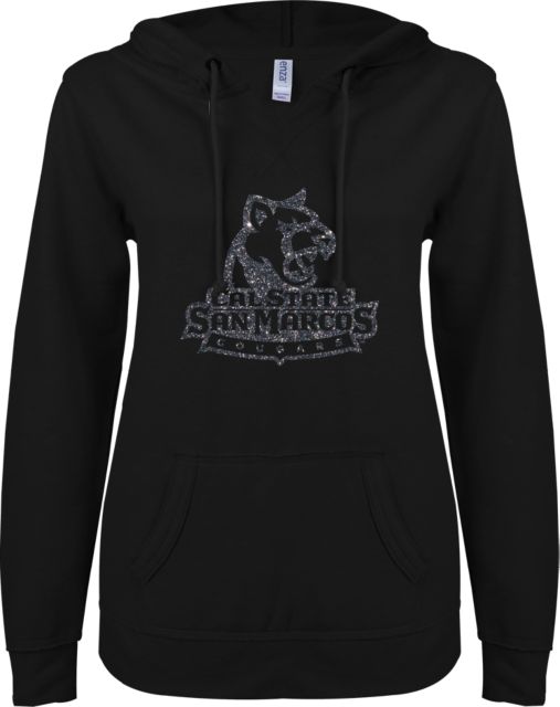 Cal State San Marcos ENZA Womens V Notch Raw Edge Fleece Hoodie Primary Logo Soft Glitter - ONLINE ONLY