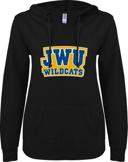 Johnson & Wales ENZA Womens V Notch Raw Edge Fleece Hoodie JWU Wildcats Arch - ONLINE ONLY
