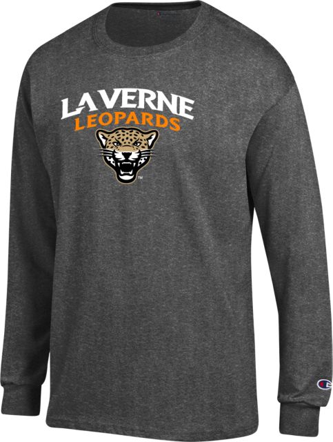 LaVerne Champion Granite Heather Long Sleeve T Shirt University of La Verne  Leopards Arched with Mascot Stacked