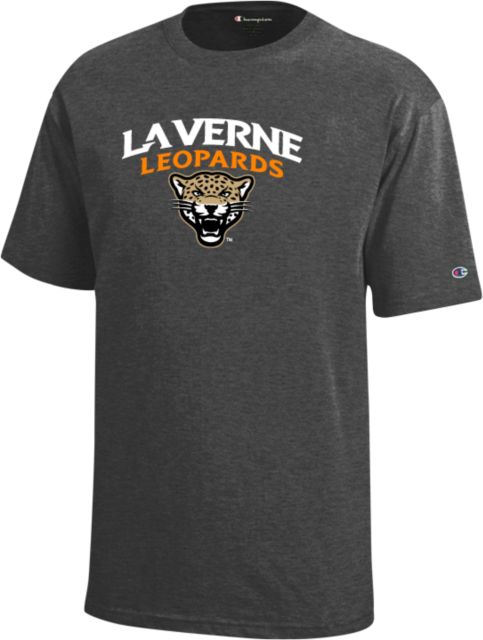 LaVerne Champion Youth Granite Heather Short Sleeve Tee University of La Verne  Leopards Arched with Mascot Stacked