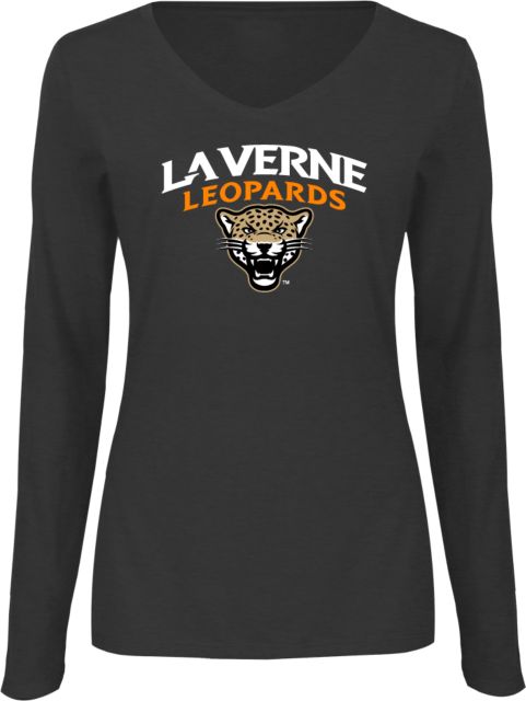LaVerne Womens Long Sleeve V Neck Tee  University of La Verne  Leopards Arched with Mascot Stacked