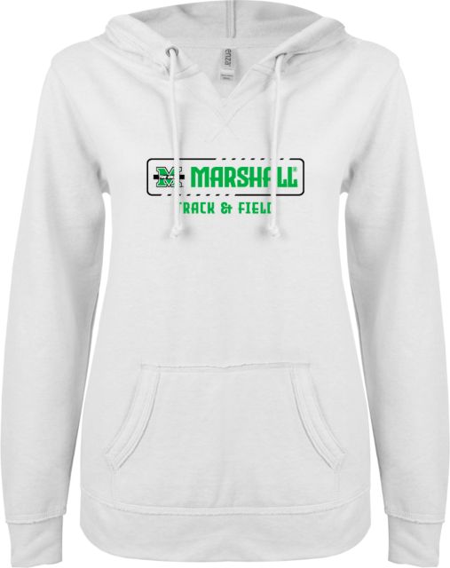 Marshall ENZA Womens V Notch Raw Edge Fleece Hoodie Marshall University The Herd Track and Field - ONLINE ONLY