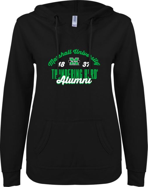 Marshall ENZA Womens V Notch Raw Edge Fleece Hoodie Marshall University Thundering Herd Est 1837 Alumni - ONLINE ONLY