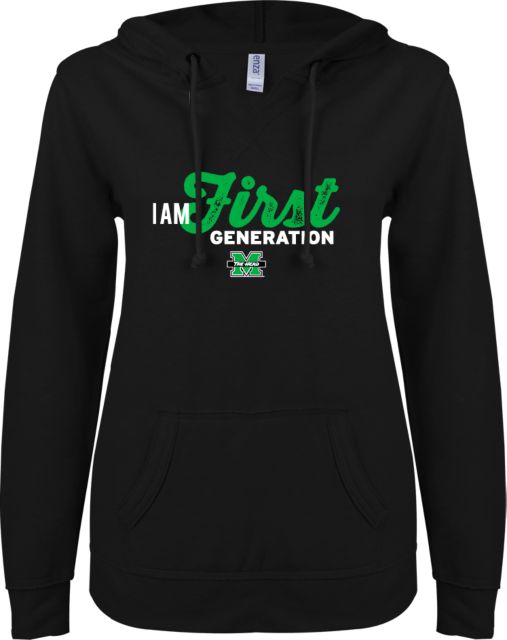 Marshall ENZA Womens V Notch Raw Edge Fleece Hoodie Marshall University First Generation - ONLINE ONLY