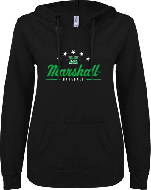 Marshall ENZA Womens V Notch Raw Edge Fleece Hoodie Marshall University Baseball Design - ONLINE ONLY