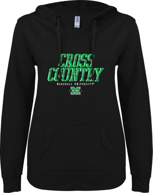 Marshall ENZA Womens V Notch Raw Edge Fleece Hoodie Marshall University Cross Country Design - ONLINE ONLY