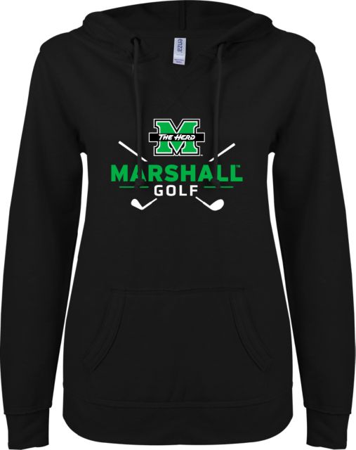 Marshall ENZA Womens V Notch Raw Edge Fleece Hoodie Marshall University Golf Design - ONLINE ONLY