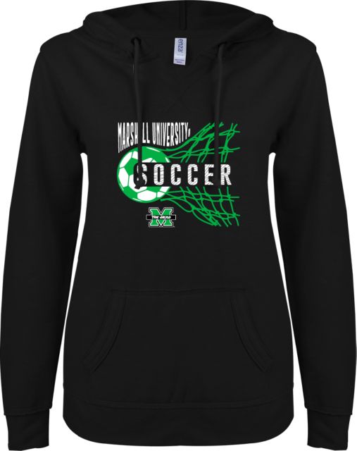 Marshall ENZA Womens V Notch Raw Edge Fleece Hoodie Marshall University Soccer Design - ONLINE ONLY