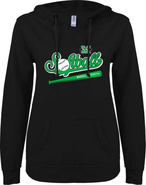 Marshall ENZA Womens V Notch Raw Edge Fleece Hoodie Marshall University Softball Design - ONLINE ONLY