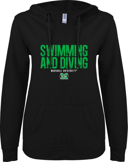 Marshall ENZA Womens V Notch Raw Edge Fleece Hoodie Marshall University Swimming and Diving Design - ONLINE ONLY
