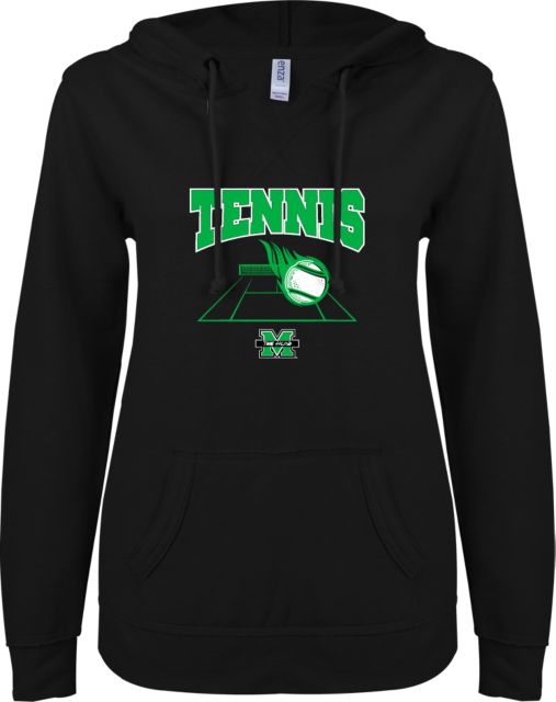 Marshall ENZA Womens V Notch Raw Edge Fleece Hoodie Marshall University  Tennis Design - ONLINE ONLY