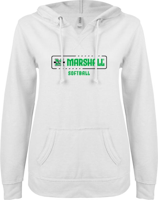 Marshall ENZA Womens V Notch Raw Edge Fleece Hoodie Marshall University The Herd Softball - ONLINE ONLY