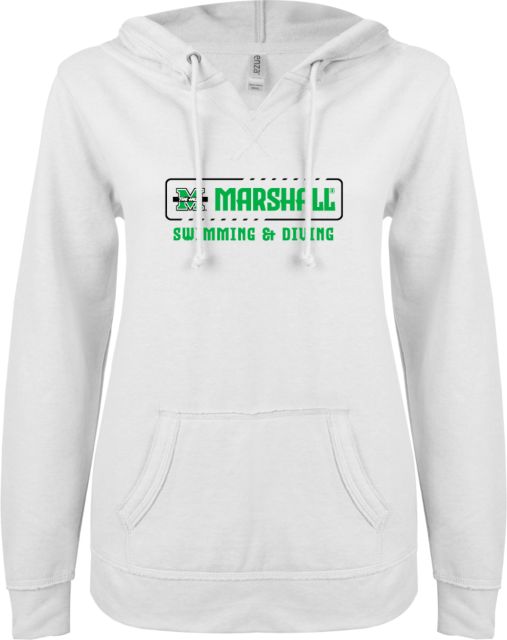Marshall ENZA Womens V Notch Raw Edge Fleece Hoodie Marshall University The Herd Swimming and Diving - ONLINE ONLY
