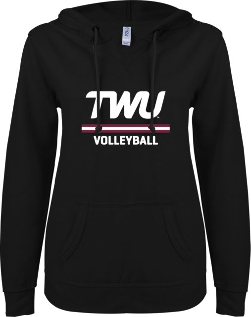 Texas Womans ENZA Ladies V Notch Raw Edge Fleece Hoodie Volleyball TWU Typeface - ONLINE ONLY