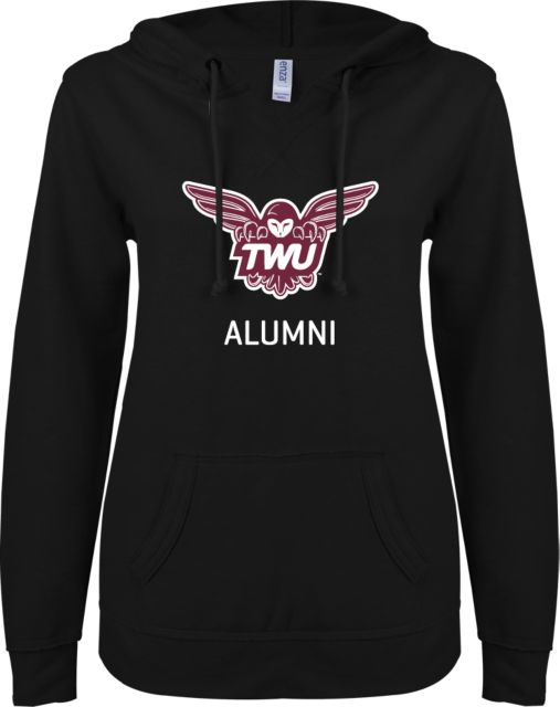 Texas Womans ENZA Ladies V Notch Raw Edge Fleece Hoodie Alumni Owl TWU - ONLINE ONLY