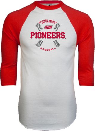 Sacred Heart White/Red Raglan Baseball T-Shirt Pioneers Baseball Seams - ONLINE ONLY