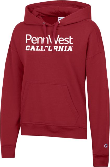 Cal U PA Champion Womens Cardinal Powerblend Pullover Hood PennWest California Wordmark Stacked - ONLINE ONLY