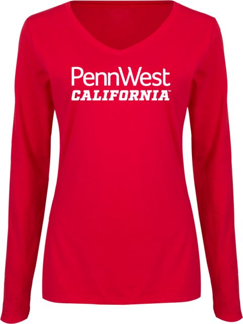 Cal U PA Womens Long Sleeve V Neck Tee  PennWest California Wordmark Stacked - ONLINE ONLY