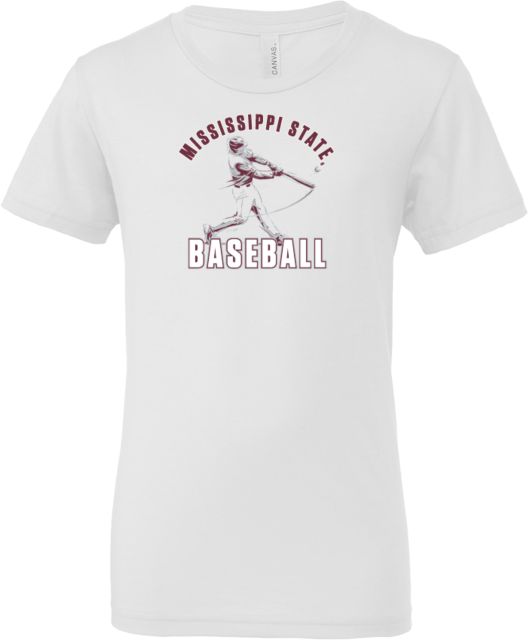 Mississippi State Bella + Canvas Youth Jersey T Shirt Mississippi State Baseball Player Full Swing - ONLINE ONLY