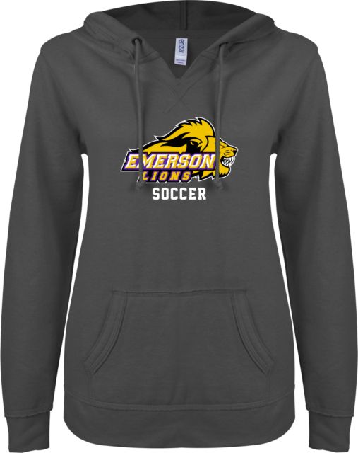 Emerson ENZA Womens V Notch Raw Edge Fleece Hoodie Emerson Lions Athletic Mark - Soccer - ONLINE ONLY