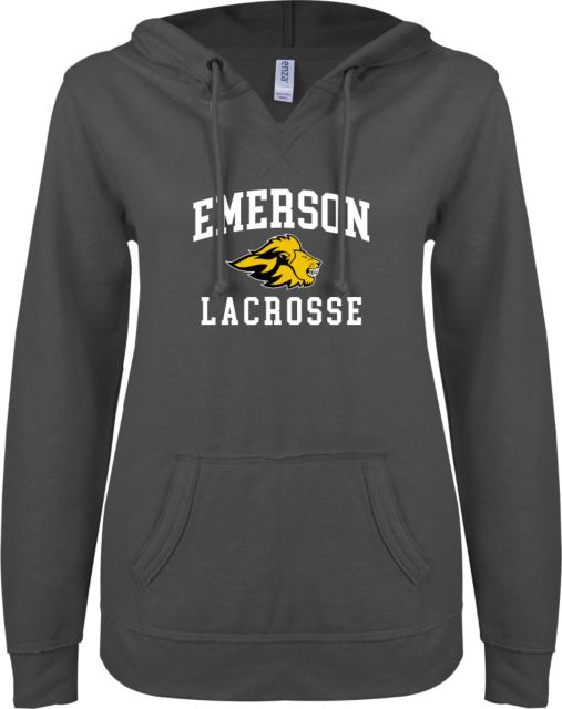 Emerson ENZA Womens V Notch Raw Edge Fleece Hoodie Emerson Lacrosse w/ Mascot - ONLINE ONLY