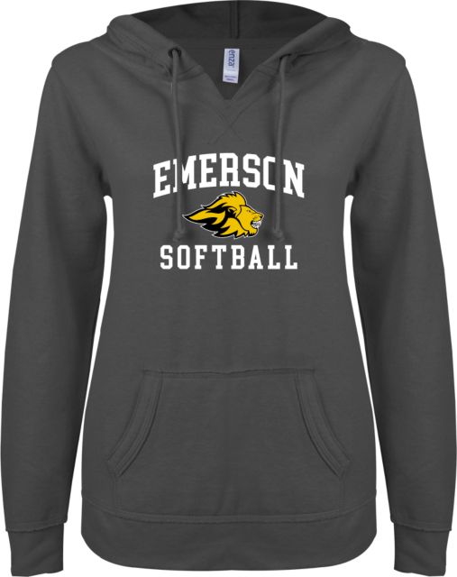 Emerson ENZA Womens V Notch Raw Edge Fleece Hoodie Emerson Softball w/ Mascot - ONLINE ONLY