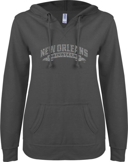 New Orleans ENZA Ladies V Notch Raw Edge Fleece Hoodie Arched Banner Glitter - ONLINE ONLY