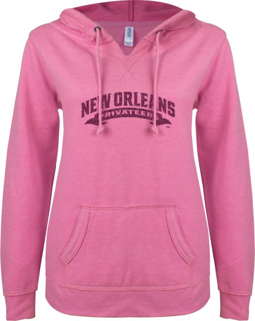 New Orleans ENZA Ladies V Notch Raw Edge Fleece Hoodie Arched Banner Glitter - ONLINE ONLY
