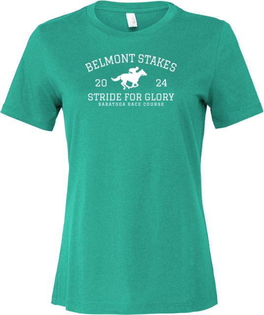 2024 Belmont Stakes Bella + Canvas Womens Teal Relaxed Cotton T Shirt Belmont Stakes Saratoga - Stride for Glory